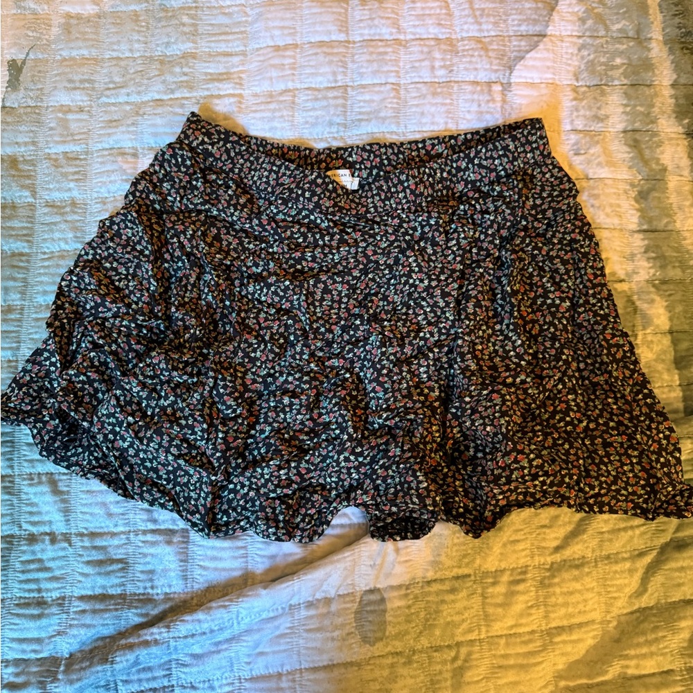 American Age Black Floral Tiered Skirt Shorts with Pink and Green Accents